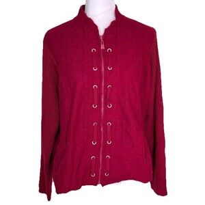 Women’s Red Wool Sweater Jacket Zip Up Grommet Cord Detail Artsy Lagenlook XL